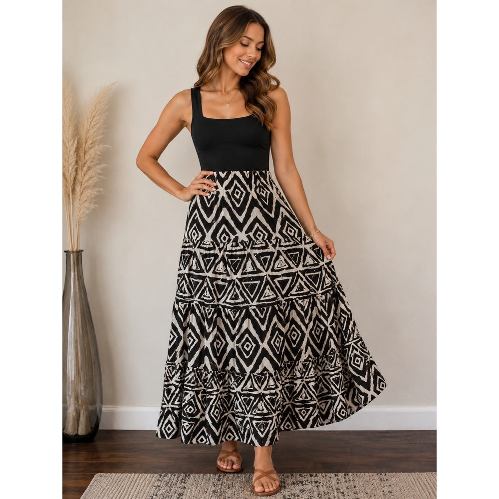 LAUREN RALPH LAUREN Maxi Skirt Geometric Tribal Women 1X Blk Boho Tiered Cotton